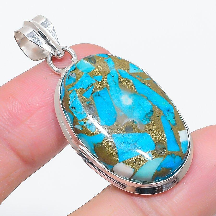 Natural Copper Blue Turquoise 925 Sterling Silver Jewelry Pendant 1.81" F3T89