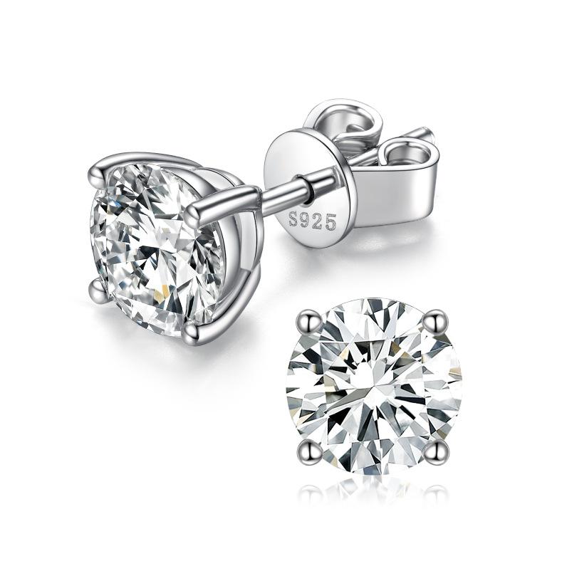 New S925 Sterling Silver Setting Round Faceted Cut Moissanite Diamond Women Ear Stud Earring Pair Fine Jewelry for Women Men