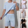 2Pcs/Set Men Sport Tracksuit Round Neck Short Sleeve T-shirt Elastic Waist Wide Leg Shorts Set Ice Silk Solid Color Sleepwear Homewear