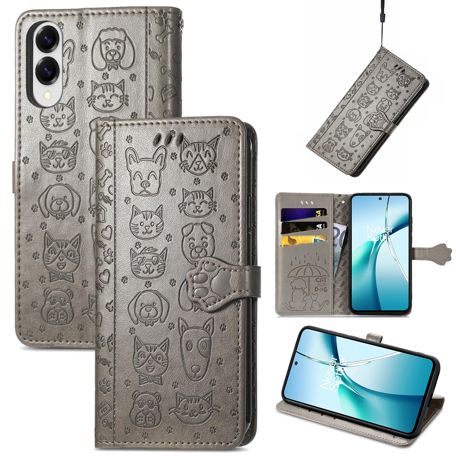 

For Samsung Galaxy S25 Edge Leather Wallet Case Flip Phone Cover with Cute Cat Dog Pattern Grey