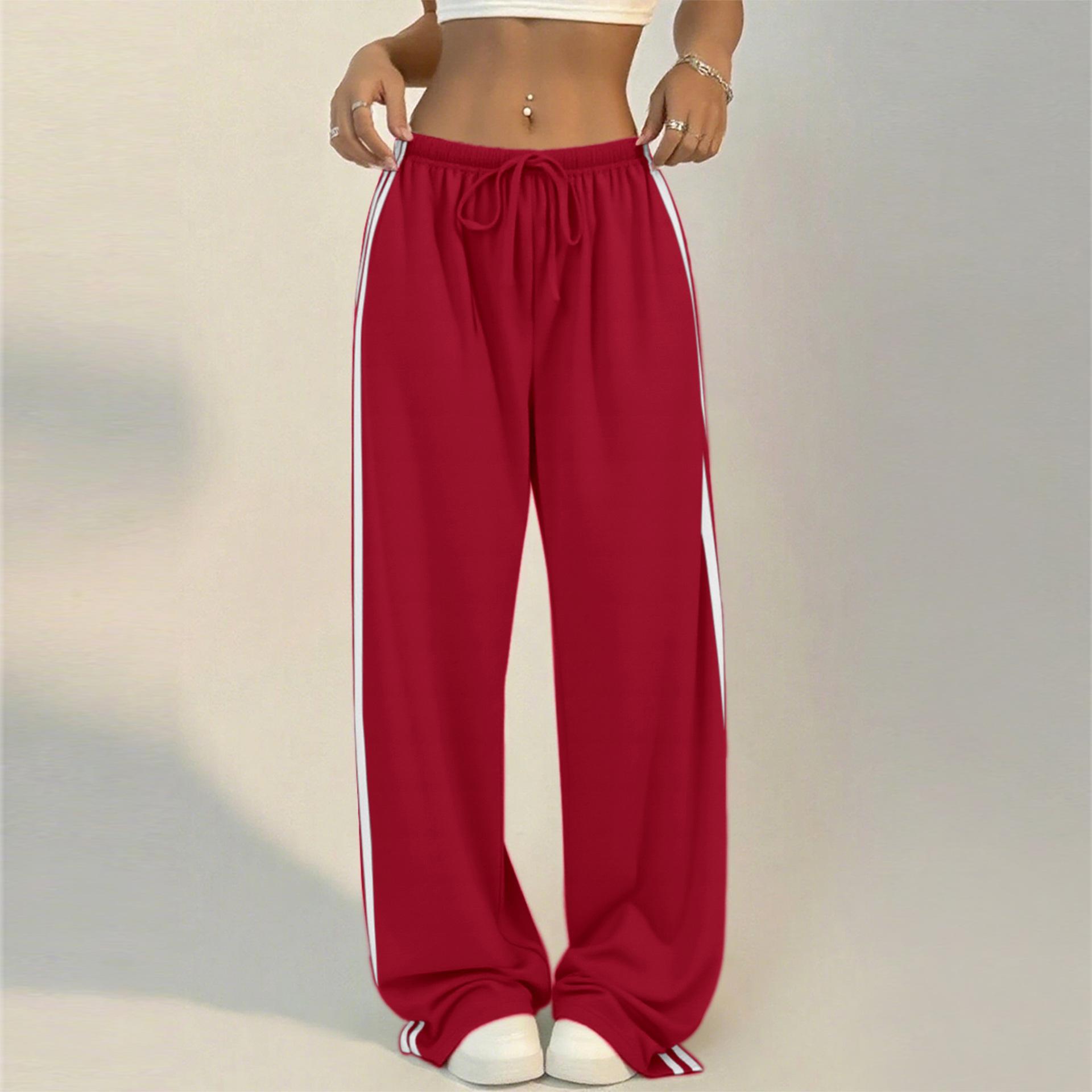 

High-waisted loose sports trousers, side stripes, versatile, slim, straight, drape, casual wide-leg pants, women XL червоний