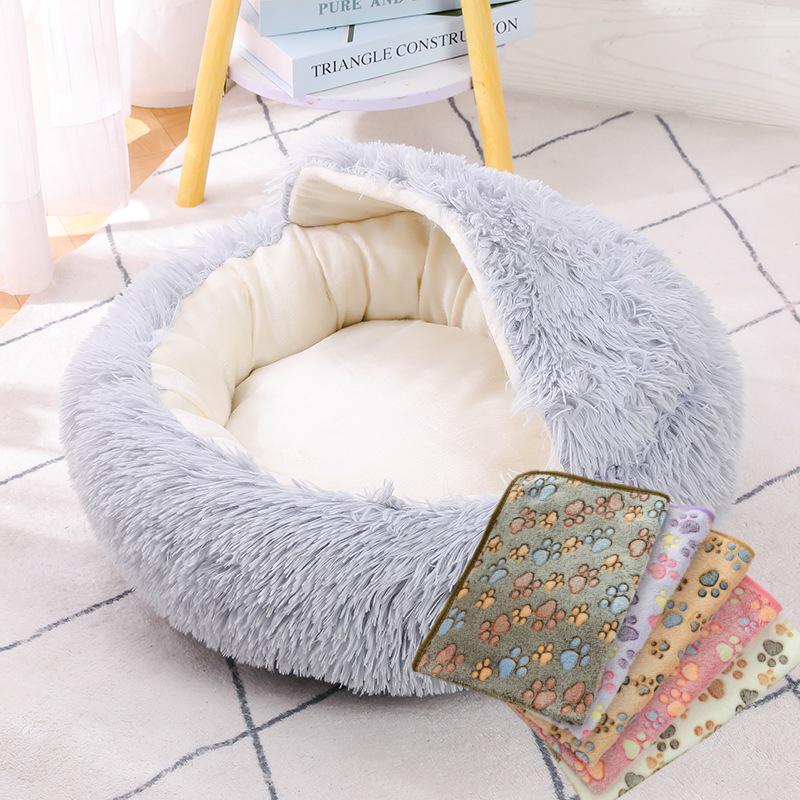Cozy Plush Cat Bed - Round, Semi-Enclosed for Deep Sleep
