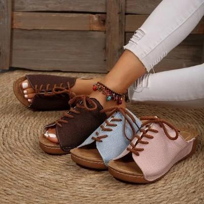 Mode 2024 Sommer Keilsandalen Slipper Neu Dicke Sohlen Casual Zapatos De Mujer Gladiator Schnürung Peeptoe Leinenstoff Absatzsandalen Pantoletten