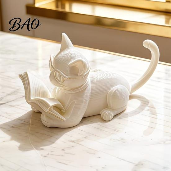 Study Room Cat Figurine Reading Ornament, 3D Printed Desk Decor with Glasses & Book, Multi-Functional Decoration Phone Stand Holder Bookend,
