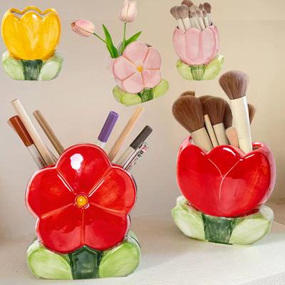 Seau de Rangement pour Pinceaux de Maquillage Fleur Tulipe Support à Pinceaux de Bureau Rangement de Bureau de Chambre Plateau Décoratif Ornement