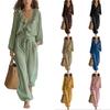 Tuta da donna con scollo a V, maniche lunghe, volant, vita alta, cintura da annodare, caviglie con polsini, per uso casual quotidiano