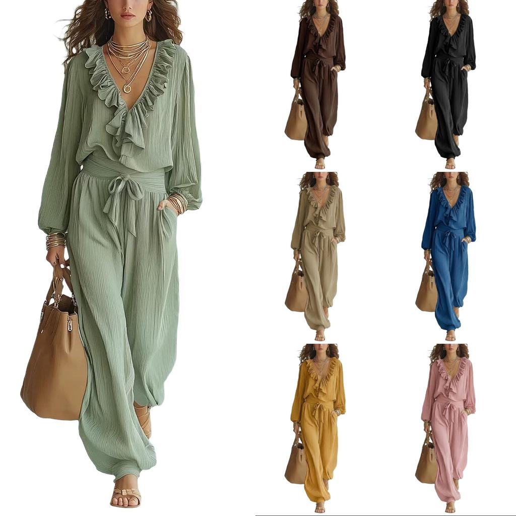 Tuta da donna con scollo a V, maniche lunghe, volant, vita alta, cintura da annodare, caviglie con polsini, per uso casual quotidiano