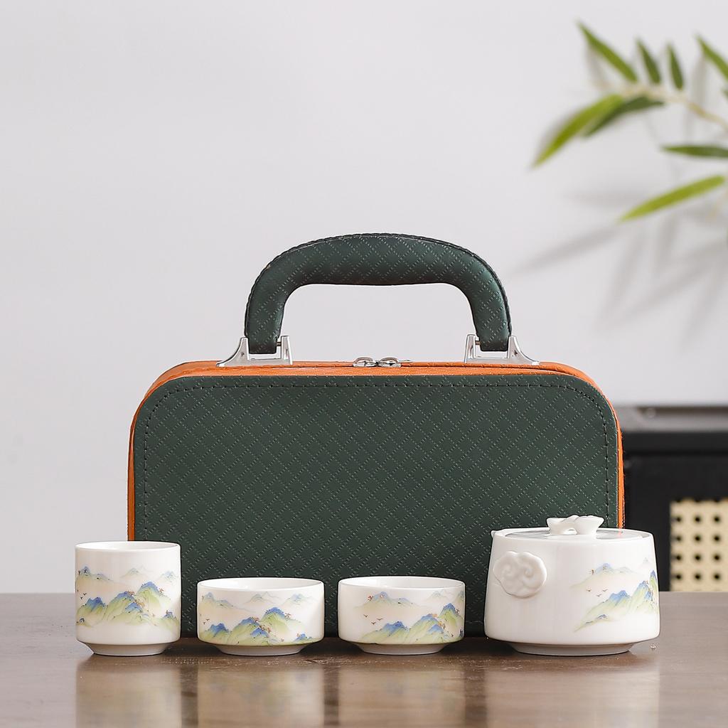 Chinese Style Portable Travel Ceramic Tea Set Outdoor Camping Dry Brew Tea Table Kung Fu Teapot Teacup Portable Bag Gift Box
