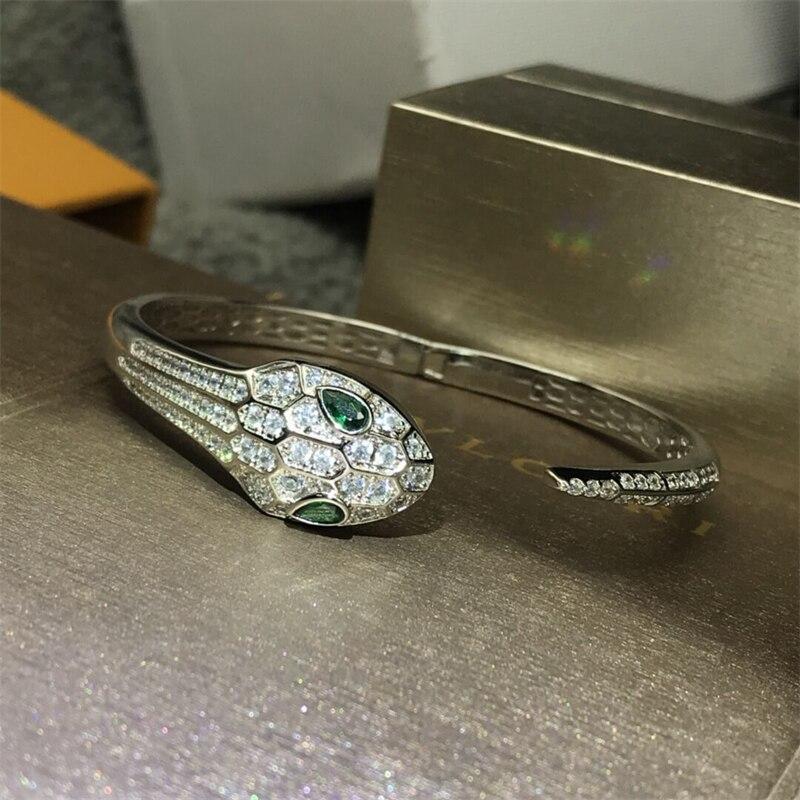 Brățară cu șarpe din argint 925 populară în Europa și America, brățară deschisă din safir cu incrustație de diamante, design elastic, femei senior