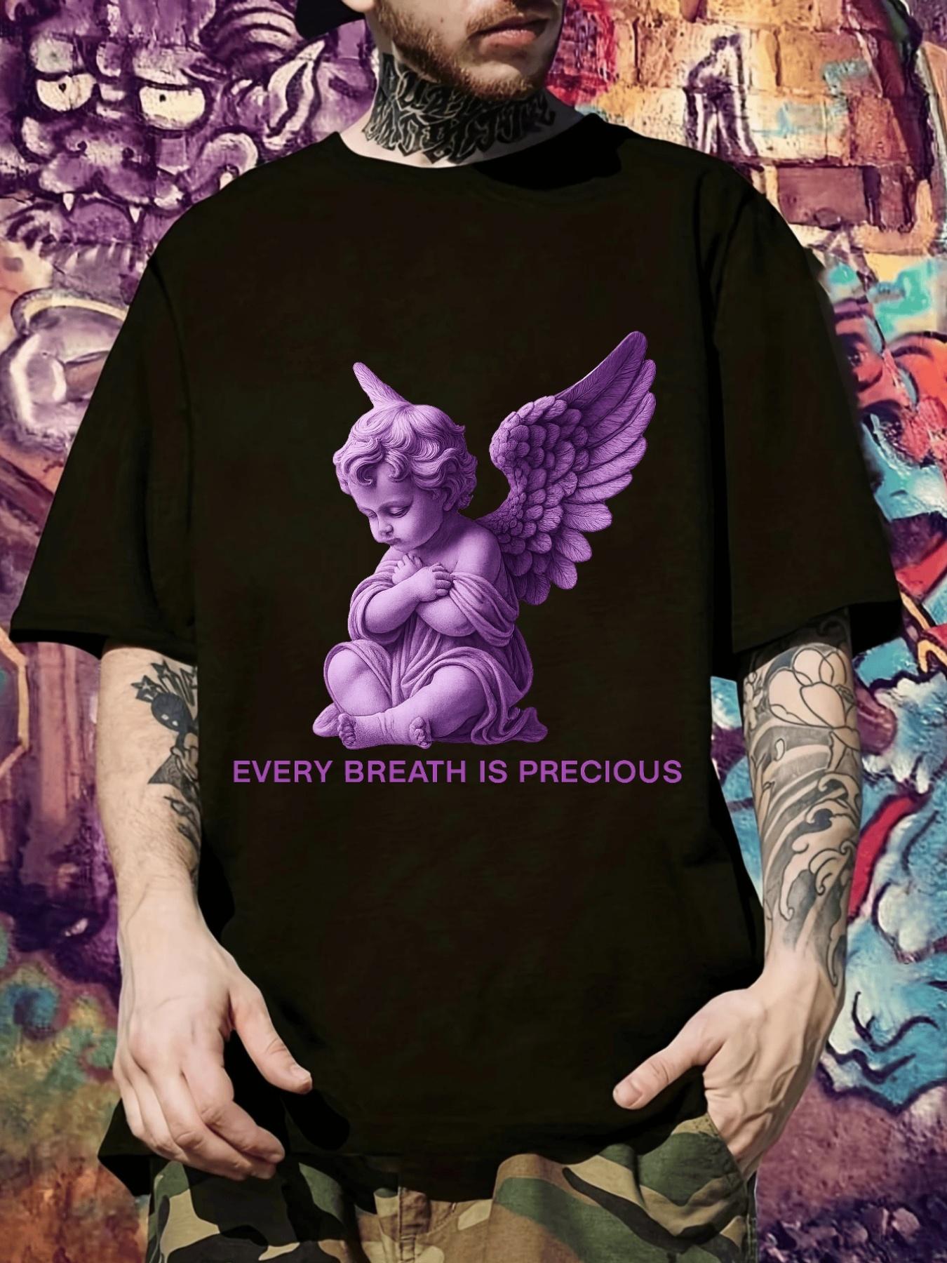 Casual Short Sleeve T-shirt with Angel & Every Breath is Precious Print - Black M