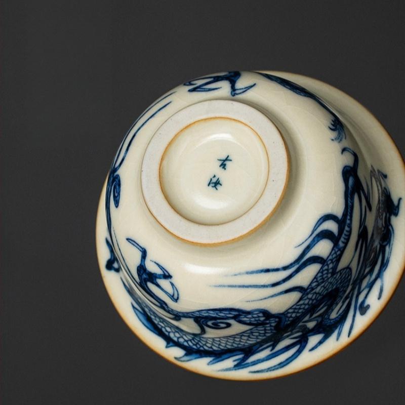100ml Ru Kiln Blue And White Dragon Patterned Tea Cup Ceramic Pressed Hand Cup Personal Use High-end Opening Kungfu Tea Set