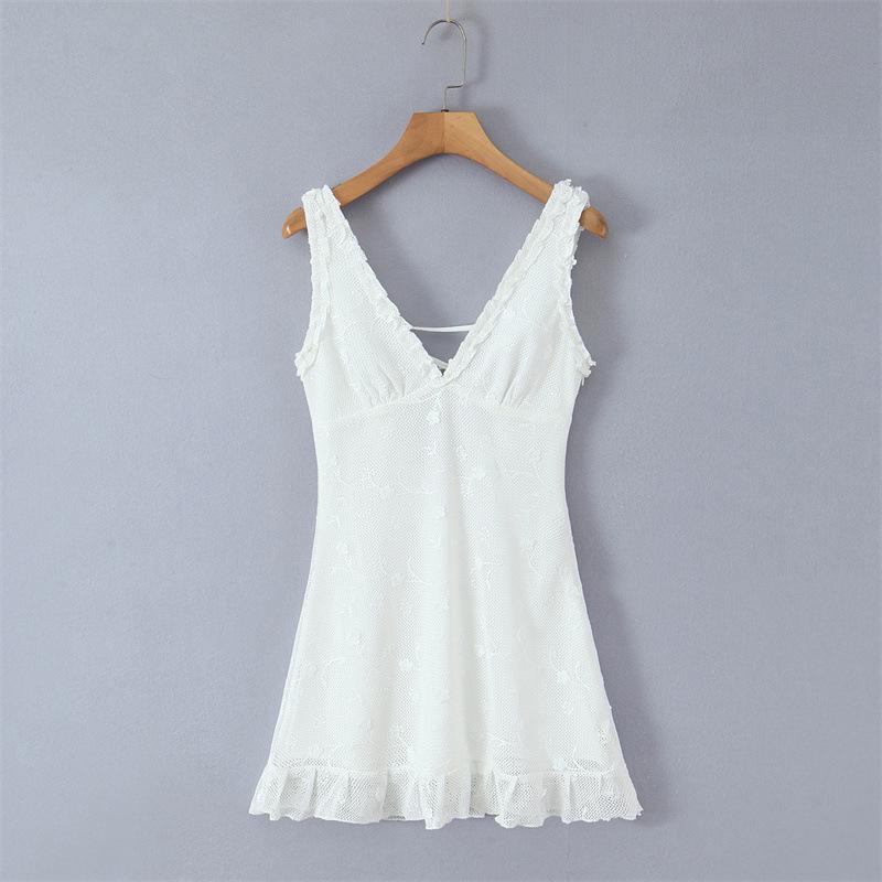 Design-Sense Women's V-Neck Mesh Embroidery Sleeveless Slim-Fit Open-Back Dress