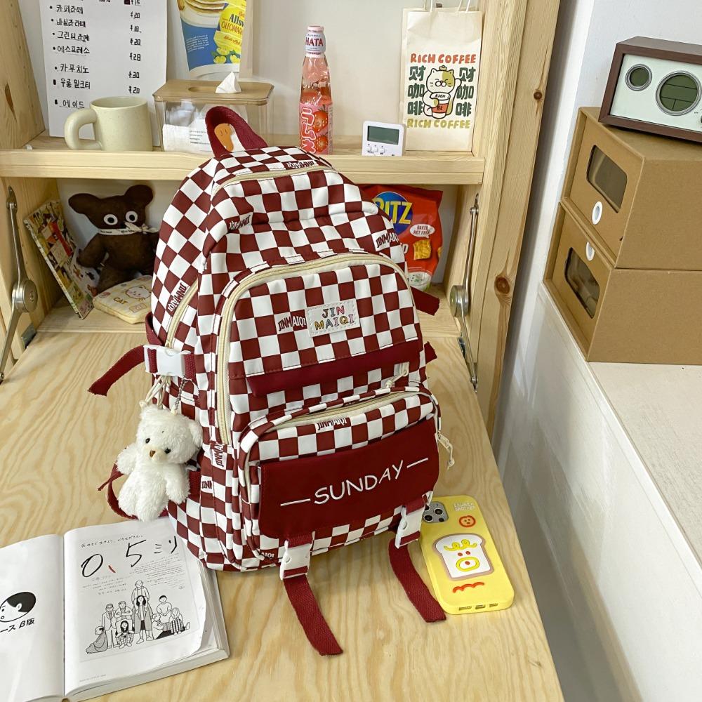 Girls Backpack Korean Version Checkerboard Color Matching Light Leisure Backpack Campus Large Capacity Junior High School Student Schoolbag