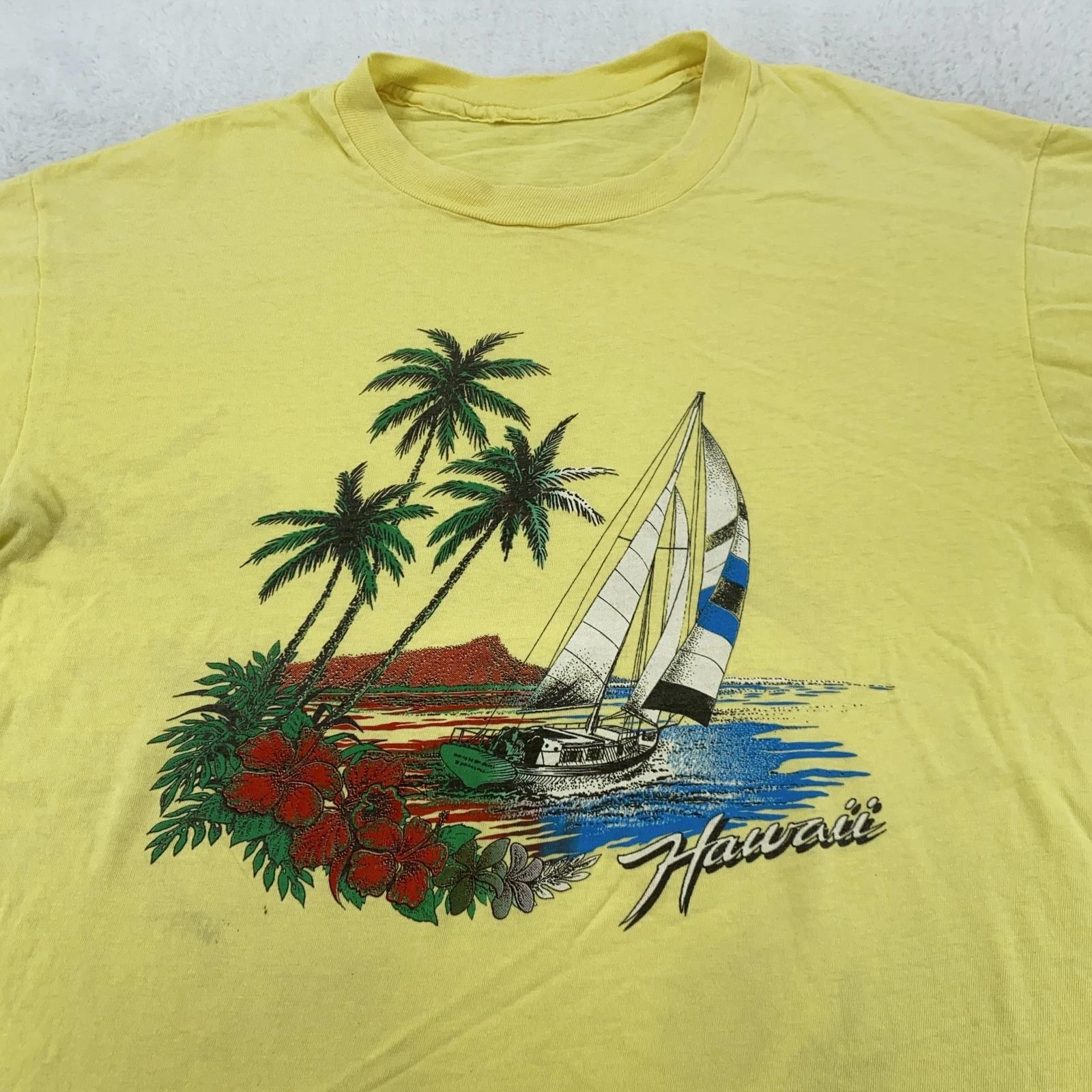 Vintage 80s Hawaii Beach Shirt Mens XL Sailboat Surf Palm Trees Flowers Tee L