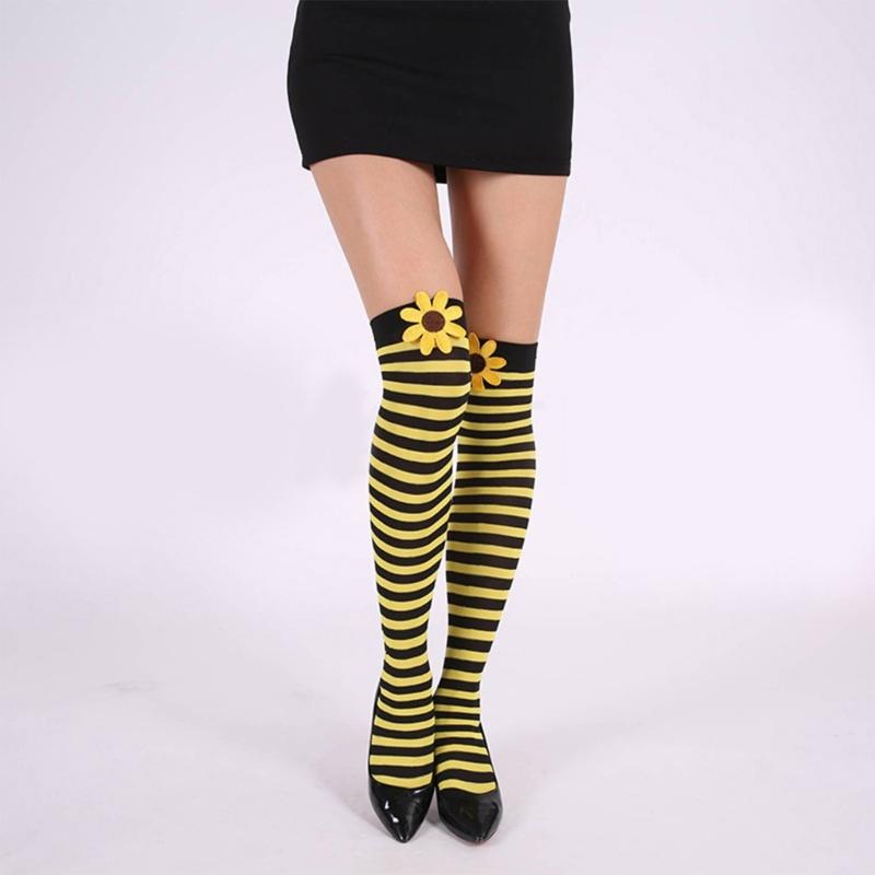 Sweet Bowknot Accent Thigh High Long Socks for Women Halloween Cosplay Parties Fishnet Striped Thigh High Stockings