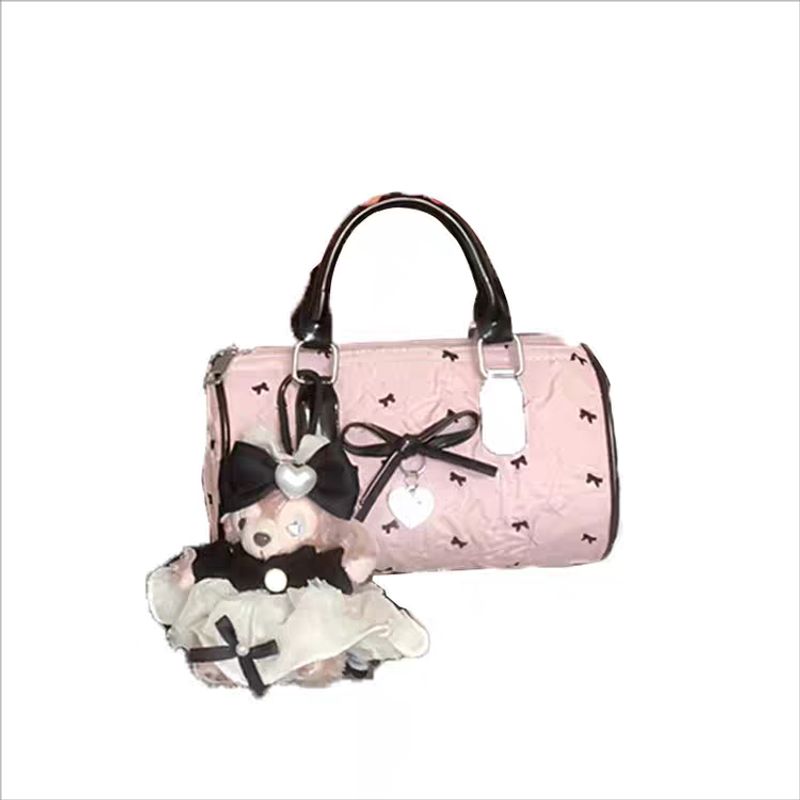 

Сумка для милой девушки 2025 Новая летняя розовая сумка с бантом, сумка-тоут из сирсакера, сумка через плечо Бостон, маленькая сумка Pink [no Pendant]]