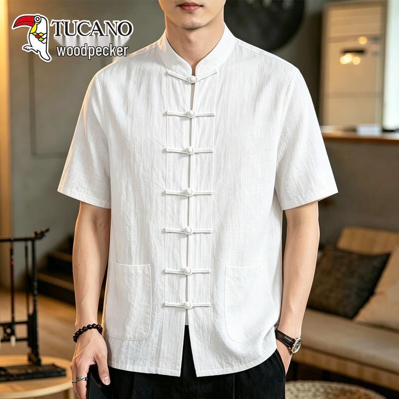 Tucano Men's New Chinese Style Cotton Linen Short-Sleeve Shirt