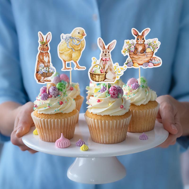 8/16pcs Easter Bunny Chick Cupcake Toppers Happy Easter Party Cake Dessert DIY Decoration Kids Birthday Party Favors Supplies