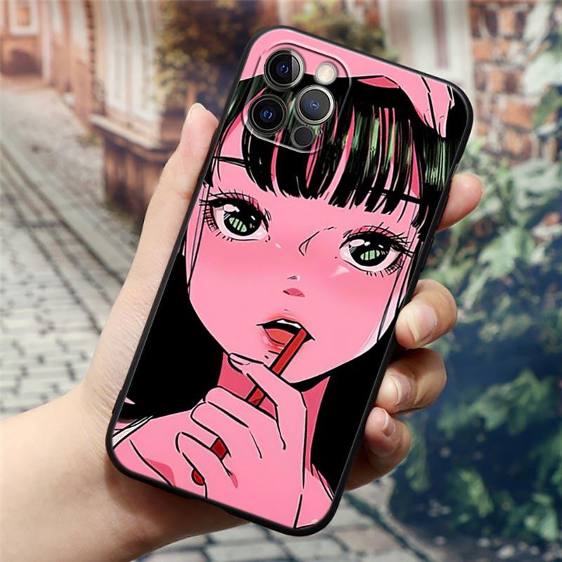 Super Cute Girl Anime Phone Case for iPhone14 13 12 11 PM Pro Max 8 7 SE XR XS Plus Black Soft Silicon Cover Fundas Coques Shell