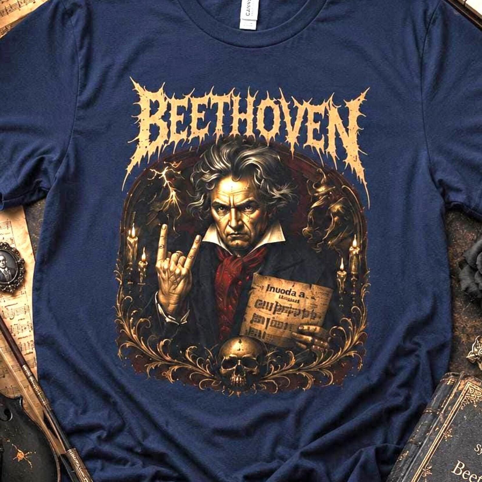 Beethoven Heavy Metal Shirt | Funny Classical Music Tee | Dark Gothic Composer Tshirt, Death Metal Devil Horn Apparel, Macabre Musician Gift M