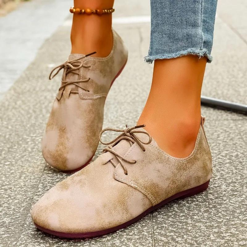 Fashion Women's Shoes 2025 Autumn New Fashion Casual Soft Walking Shoes Trend Retro Women's Lace-up Flat Shoes Zapatillas De Deporte