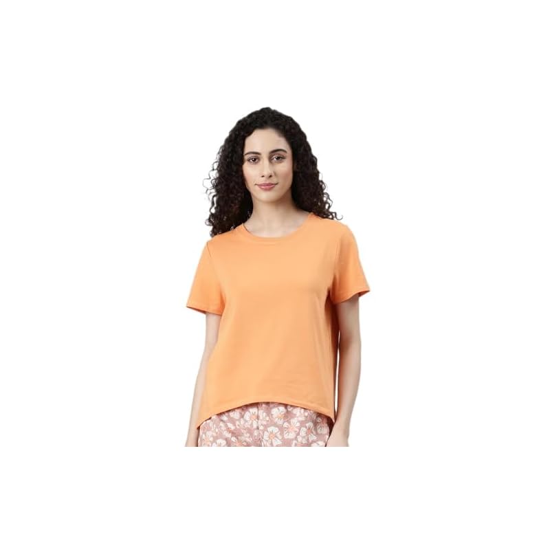 Enamor Women' Solid Relaxed Fit TShirt (E305_Tangerine )