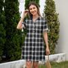 Women’s Casual Loose Fit Shirt Dress Button Front Stand Collar Plaid Pattern Short Sleeve Relaxed Tunic Dress for Daily Wear