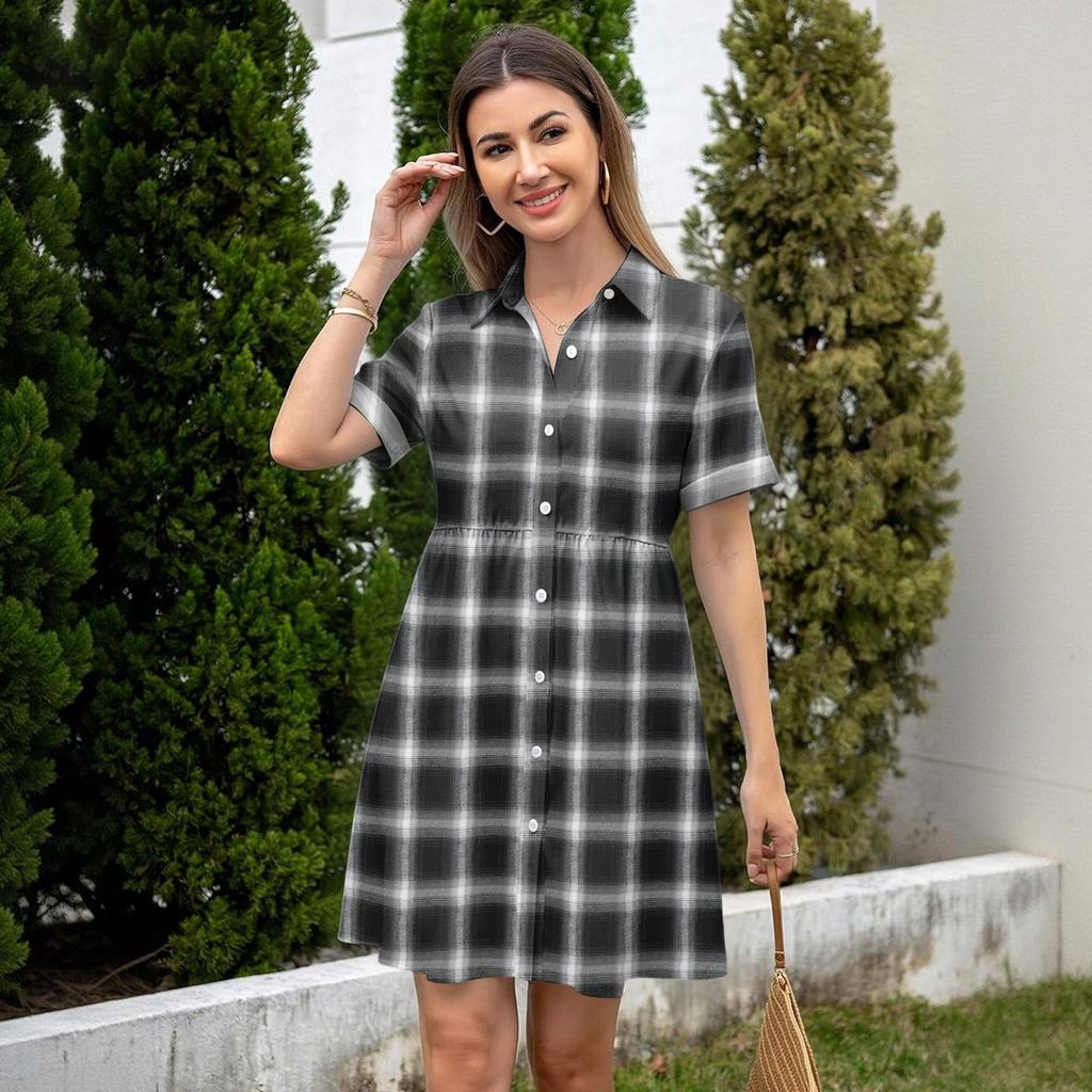 Women’s Casual Loose Fit Shirt Dress Button Front Stand Collar Plaid Pattern Short Sleeve Relaxed Tunic Dress for Daily Wear