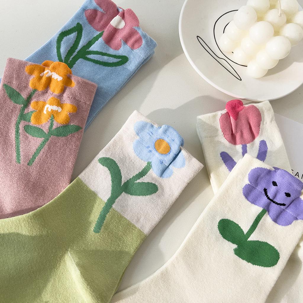 Damen Mid-Tube-Socken Tulpenmuster Baumwollsocken Damen Deodorant Schweißabsorptionssocken Gemischte Farbe 5 Paare Kostenlos