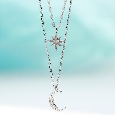 925 Sterling Silver Double Layer Star Moon Clavicle Chain  Necklace Women Girl Cubic Zircon Necklace Gift Party Wedding Jewelry