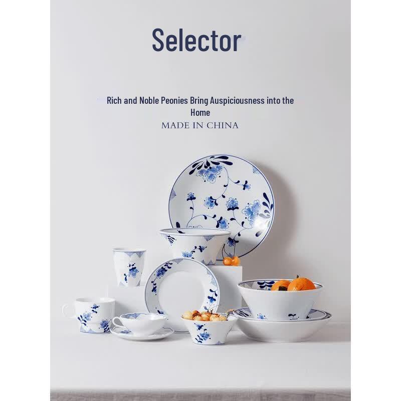 Jingdezhen Hand-Painted Peony Underglaze Ceramic Dinnerware Set