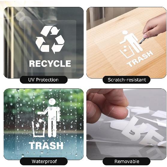 10 Pack Recycle and Trash Square Stickers 6 × 6 Inches White Vinyl Transparent Recycling Bin Decals Self Adhesive Waterproof UV Resistant Sign for