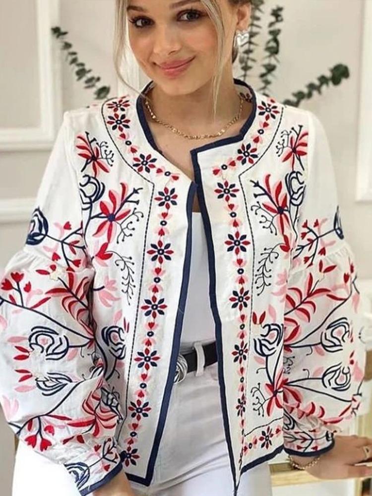 Drucken Frauen Jacke O-Ausschnitt lange Laterne Ärmel dünne kurze Mantel weibliche Frühen Herbst Dame Outwear