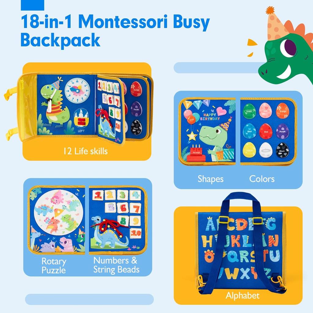 Montessori-Spielzeug für Kleinkinder, Lern- und Lernaktivitäten, Reisespielzeug, Dinosaurier, Ankleiden, sensorischer Rucksack für das Leben