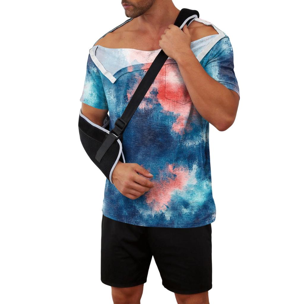Men's Tie Dye Printed Recovery Shirt Away Short Sleeve Full Front Button Adaptive Design Top