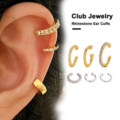 3 pezzi orecchini da donna con strass lisci e lucidi a forma di C, non forati, antiscivolo, in acciaio inossidabile, leggeri, hip hop, punk, da donna, con clip per orecchini da club