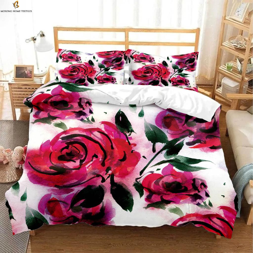Vintage Wine Red Rose Print Quilt Cover Bedding Set Quilt Cover Pillowcase Romantic Valentine's Day Gift Three-Piece Set