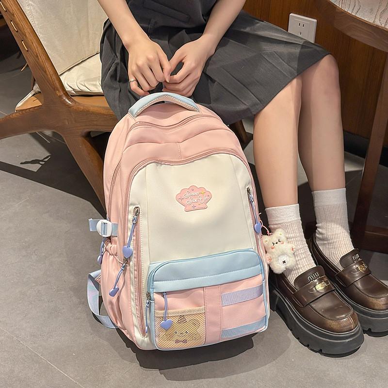 Blocked Cute Color Large Capacity Student Backpack With Pendant For Teens
