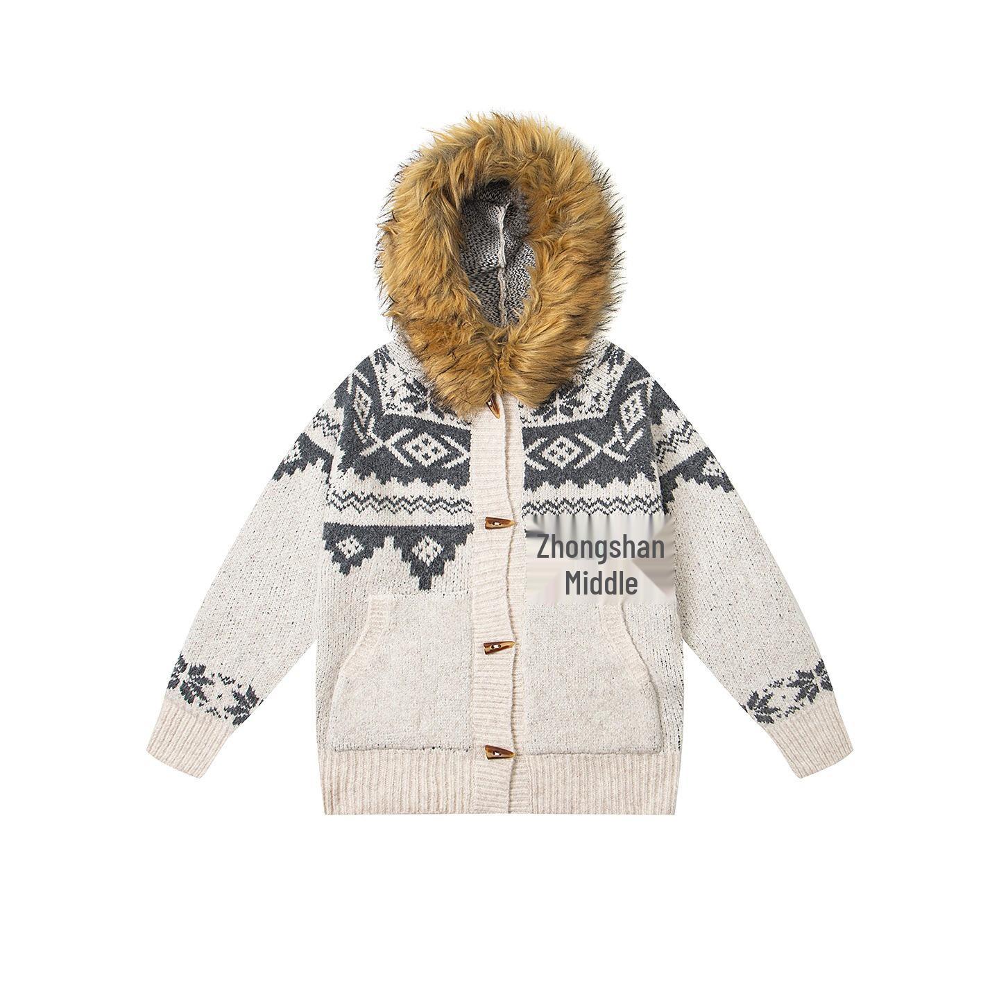 

Men’s Retro Fur Collar Jacquard Sweater - Winter Lazy Style Loose Knit Cardigan for Couples XL бежевий