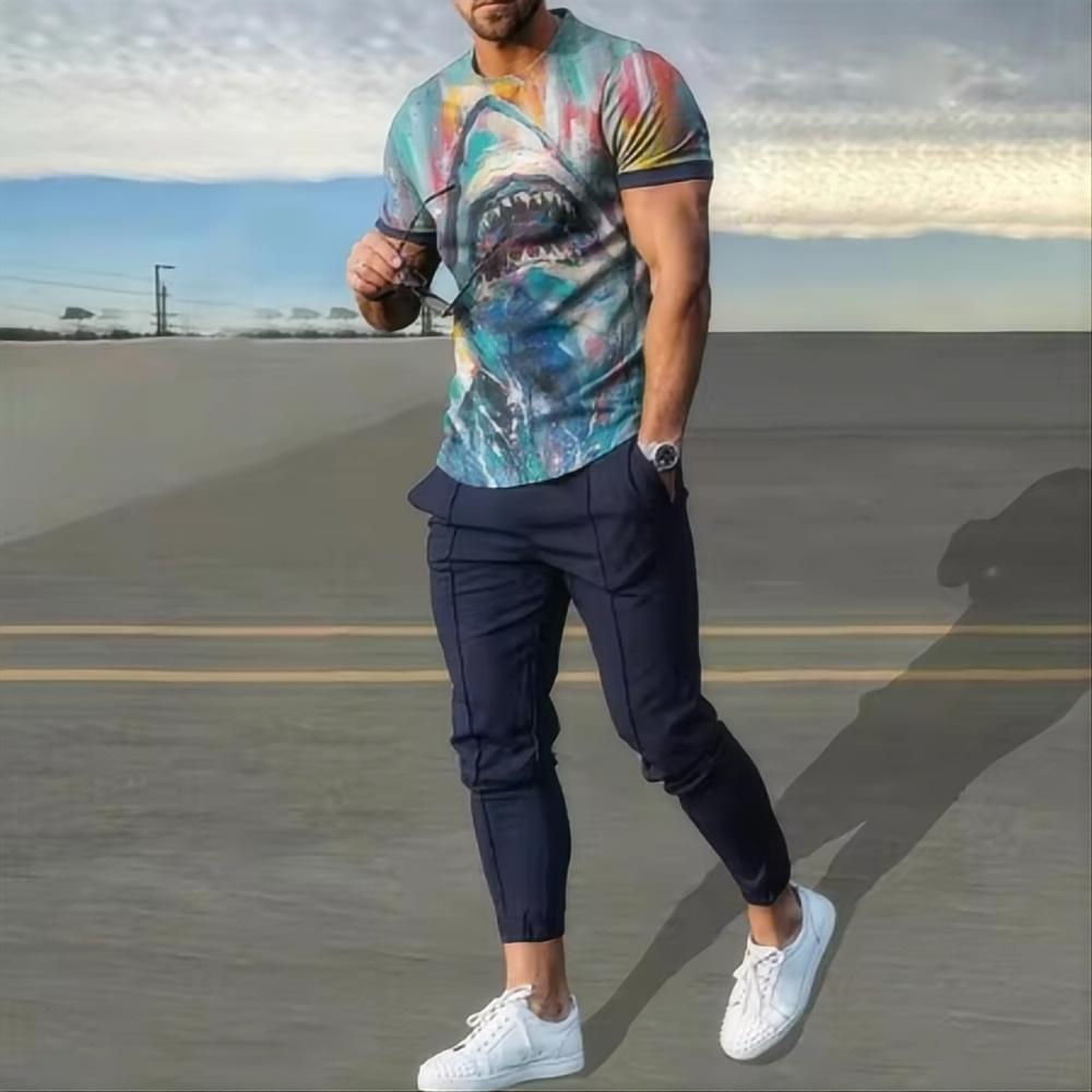 Sommermode Neues Herren-Hosen-Sportset 3D-bedrucktes gestreiftes Kurzarm-T-Shirt+Hose 2-teiliges Set Herren-Sportset
