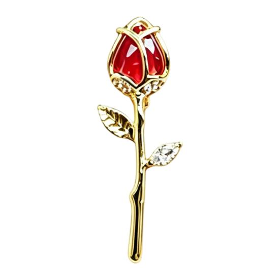 Luxury Brooch Pin Red Rose Bud Pin, Retro Rhinestone Floral Lapel Women Collar Men Jewelry Accessories for Suit Dress Coat Scarf Vintage