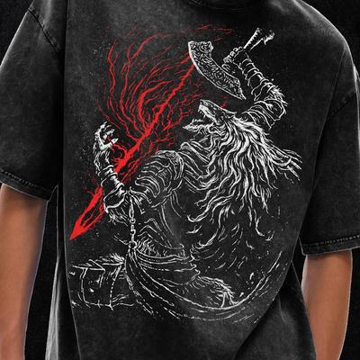 Μπλούζα Unisex Maliketh Eldenring Boss Ρετρό Βίντατζ, Oversize T-Shirt με Όξινη Πλύση - 250 GSM, Grunge & Goth Streetwear, Βίντατζ Πλυμένο T-Shirt