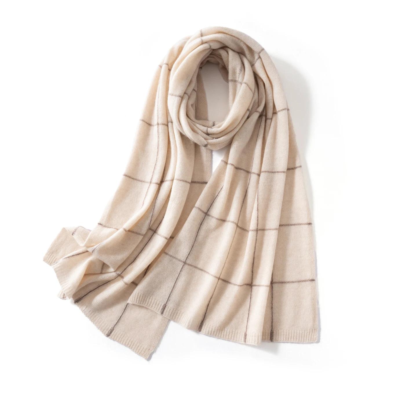 Women s 100% Cashmere Solid Color Scarf Grid Embroidery Neck Face Protection Soft Elegant Muffler Multi-Function Outdoor Shawl 180cmX45cm