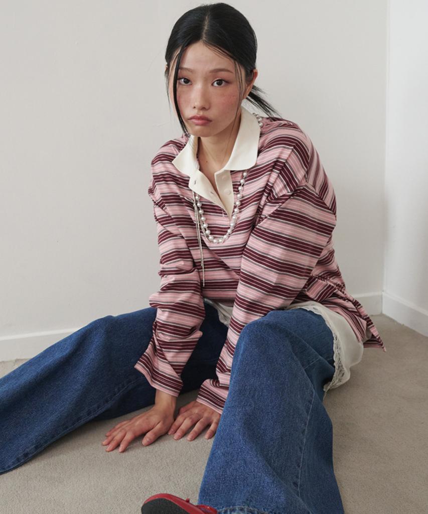 OPENING SUNSHINE Button Detail Striped Rugby Long Sleeve T-Shirt Pink