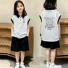 Girls' Stylish Cotton Patchwork Polo Vest Set - Summer Casual Lapel Sleeveless Top for Ages 6-12