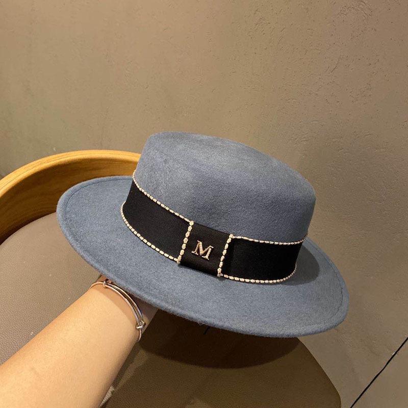 High-Quality M-Standard Eaves Double-Sided Pure Wool Flat-Top Top Top Hat, Autumn And Winter Temperament Elegant Korean Webbing Jazz Hat Tide