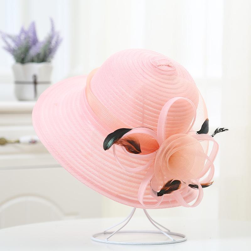 Elegante Sommer-Breitkrempen-Damenhut Große Satinblume Band Feder Schlapphut Strandsonnenhut Kentucky Derby Hochzeits-Kirchenhüte