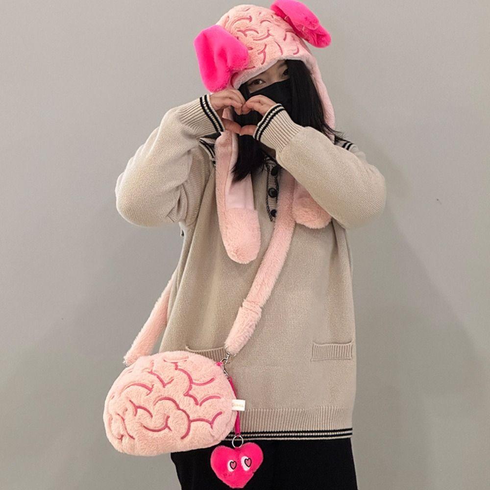 

Large Capacity Pink Brain Plush Backpack Can move Love Brain Plush Hat Love Brain Plush Bag Girls