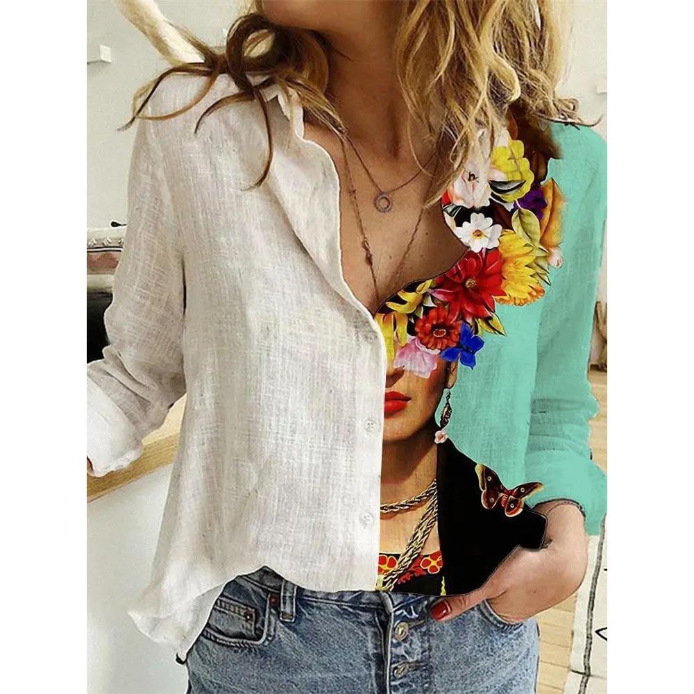 Fashion Stitching Retro Face Print Long Sleeve Blouse Women Lapel Button Casual Top Lady Shirts