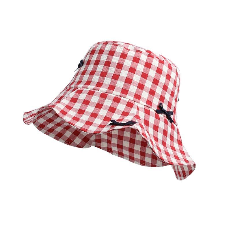 Women's Spring Summer Simple Plaid Bucket Hat Korean Version Fashionable Versatile Sunshade Sunscreen Sweet Bow Basin Hat